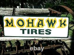 Large Vintage Hand Lettered Painted MOHAWK TIRES Farm Tractor Gas Oil Metal Sign