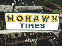 Large Vintage Hand Lettered Painted MOHAWK TIRES Farm Tractor Gas Oil Metal Sign